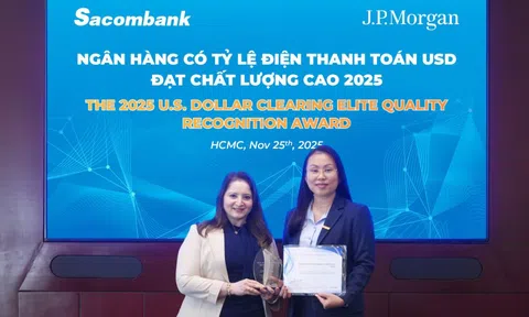Sacombank nhận giải thưởng từ J.P.Morgan Chase, khẳng định năng lực xử lý điện thanh toán quốc tế hàng đầu tại Việt Nam